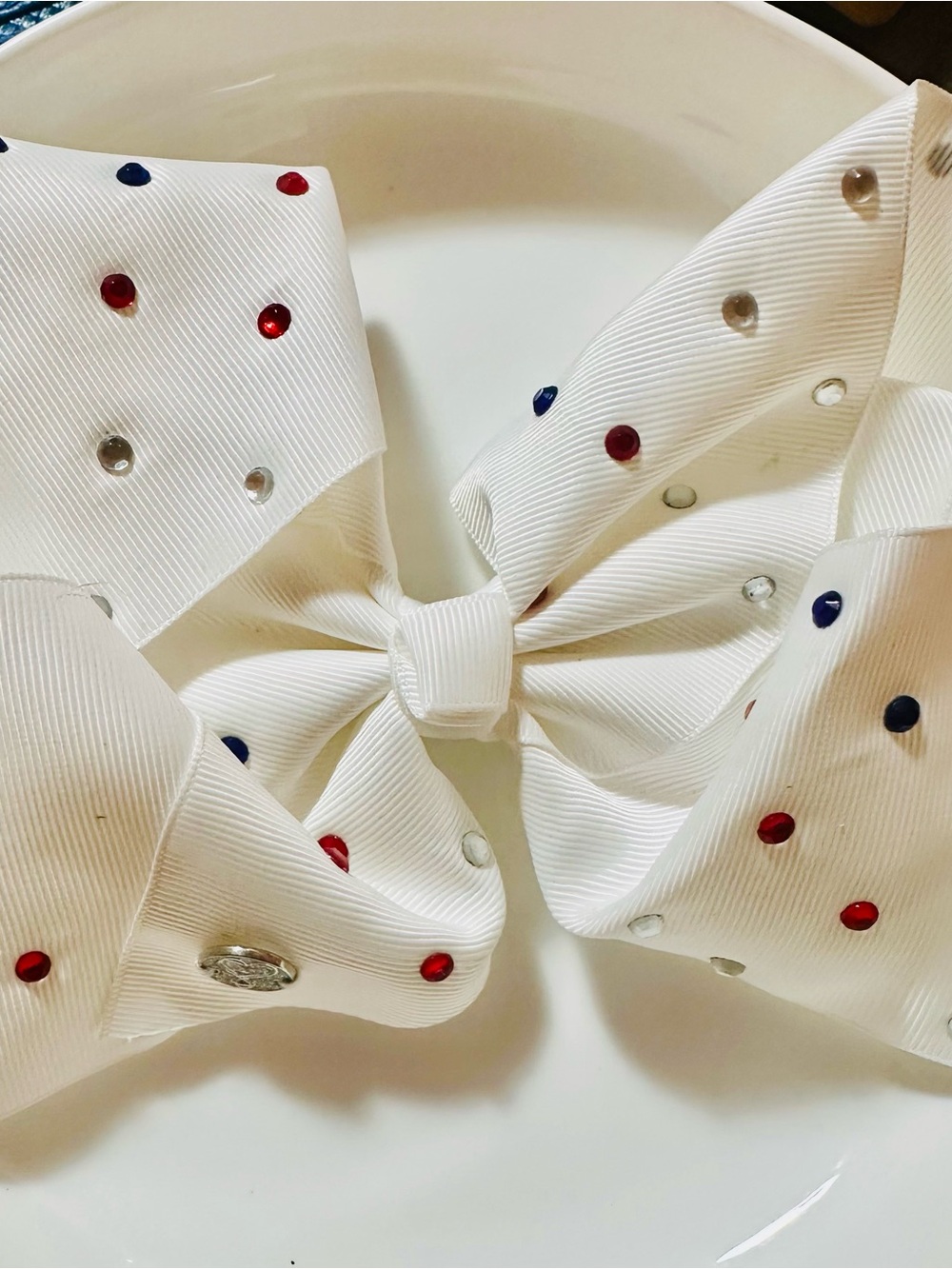 Jojo’s White Bow Hair Clip with Red, Blue & Silver Gems